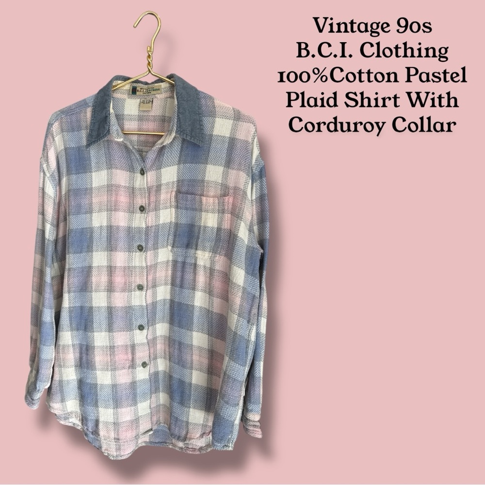 B.C.I. Clothing Pastel Plaid Shirt with Corduroy‎ Collar